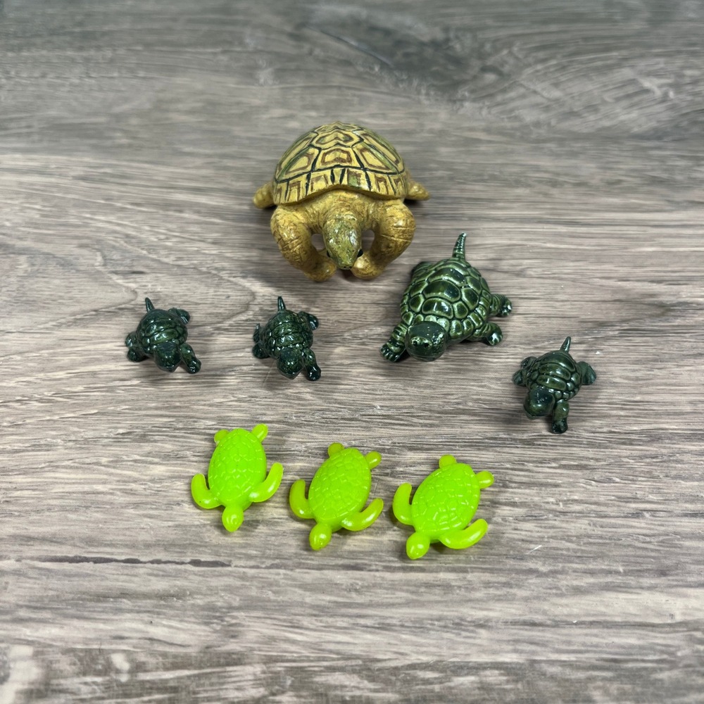Land & Sea Turtle Figurine Set 8pc Green Yellow Pot Hanger Miniature Hong Kong